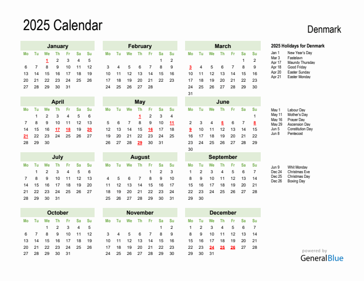 Holiday Calendar 2025 for Denmark (Monday Start)