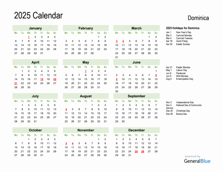 Holiday Calendar 2025 for Dominica (Monday Start)