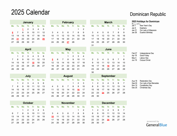 Holiday Calendar 2025 for Dominican Republic (Monday Start)