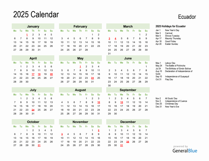 Holiday Calendar 2025 for Ecuador (Monday Start)
