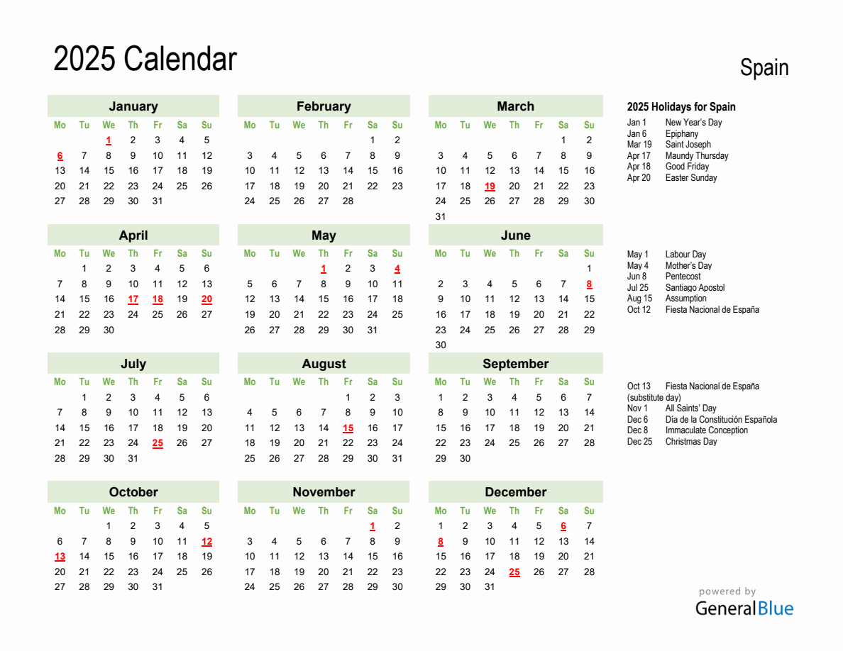 Holiday Calendar 2025 for Spain (Monday Start)