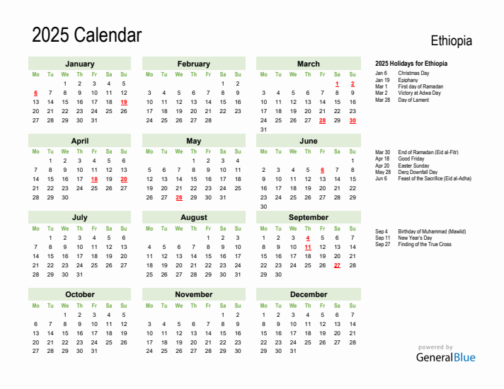 Holiday Calendar 2025 for Ethiopia (Monday Start)