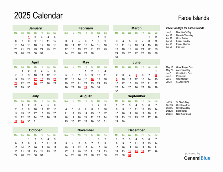 Holiday Calendar 2025 for Faroe Islands (Monday Start)