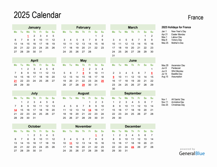 Holiday Calendar 2025 for France (Monday Start)