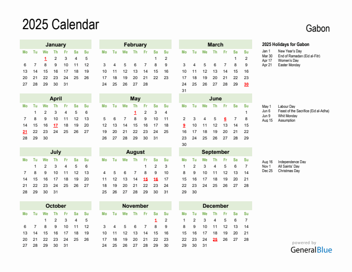 Holiday Calendar 2025 for Gabon (Monday Start)