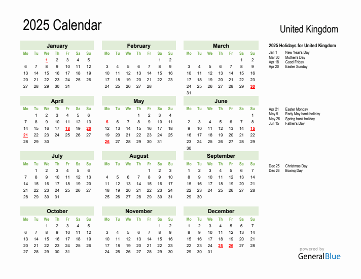 Holiday Calendar 2025 for United Kingdom (Monday Start)