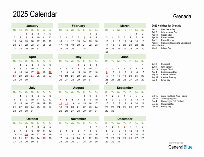 Holiday Calendar 2025 for Grenada (Monday Start)