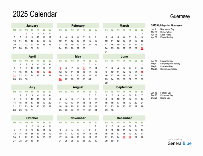 Holiday Calendar 2025 for Guernsey (Monday Start)
