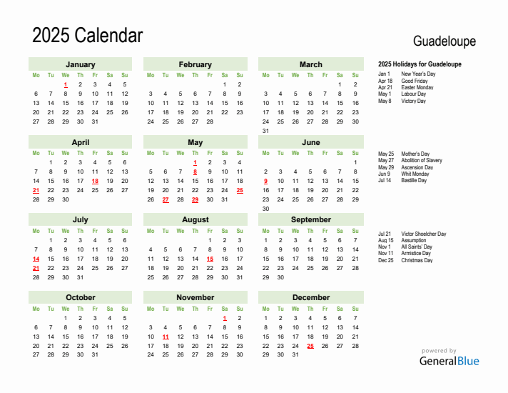 Holiday Calendar 2025 for Guadeloupe (Monday Start)