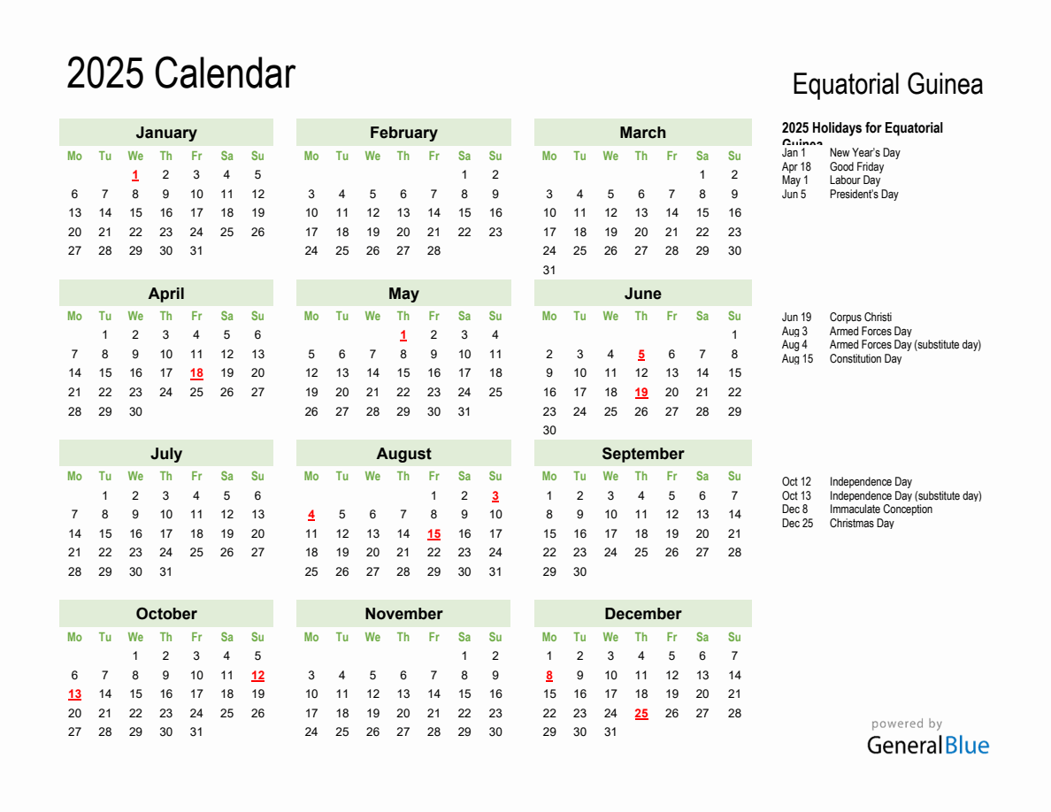 Holiday Calendar 2025 for Equatorial Guinea (Monday Start)