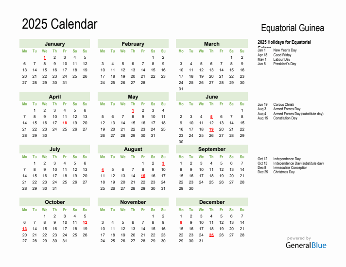 Holiday Calendar 2025 for Equatorial Guinea (Monday Start)
