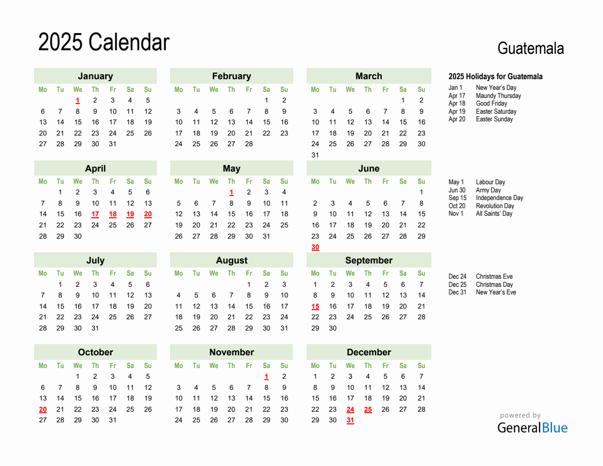 Holiday Calendar 2025 for Guatemala (Monday Start)