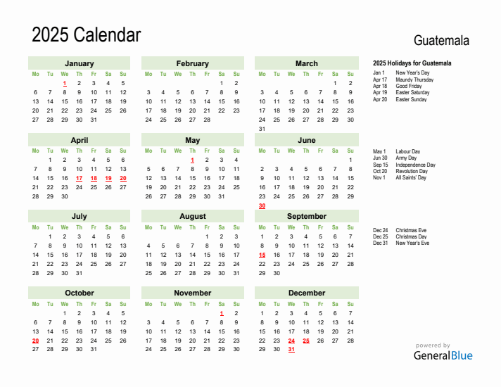 Holiday Calendar 2025 for Guatemala (Monday Start)