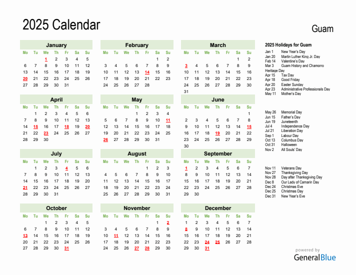 Holiday Calendar 2025 for Guam (Monday Start)