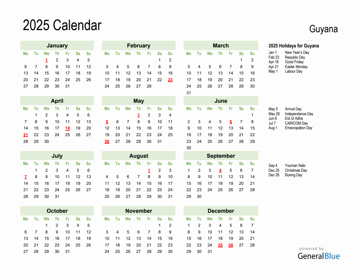 Holiday Calendar 2025 for Guyana (Monday Start)