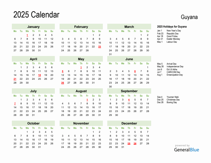Holiday Calendar 2025 for Guyana (Monday Start)