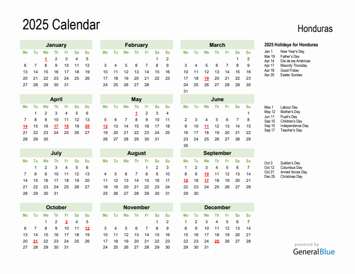 Holiday Calendar 2025 for Honduras (Monday Start)