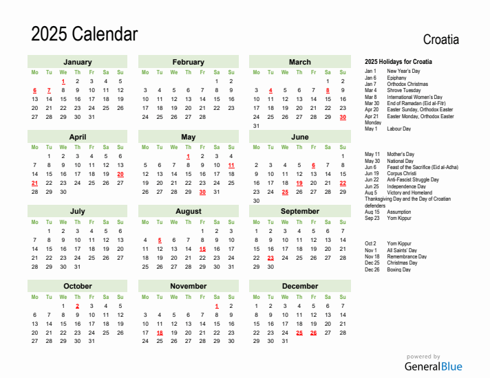 Holiday Calendar 2025 for Croatia (Monday Start)