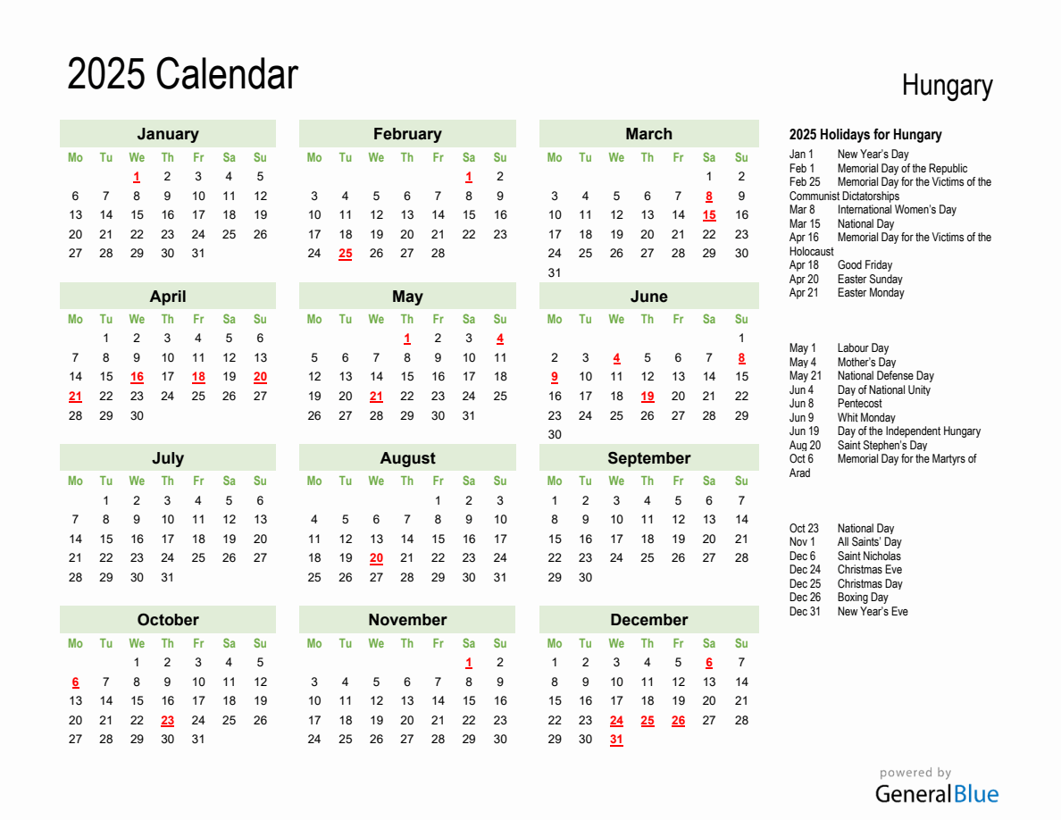 Holiday Calendar 2025 for Hungary (Monday Start)