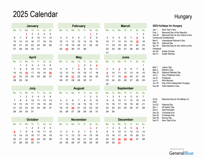 Holiday Calendar 2025 for Hungary (Monday Start)