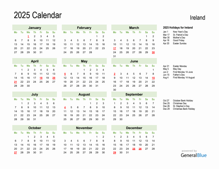 Holiday Calendar 2025 for Ireland (Monday Start)