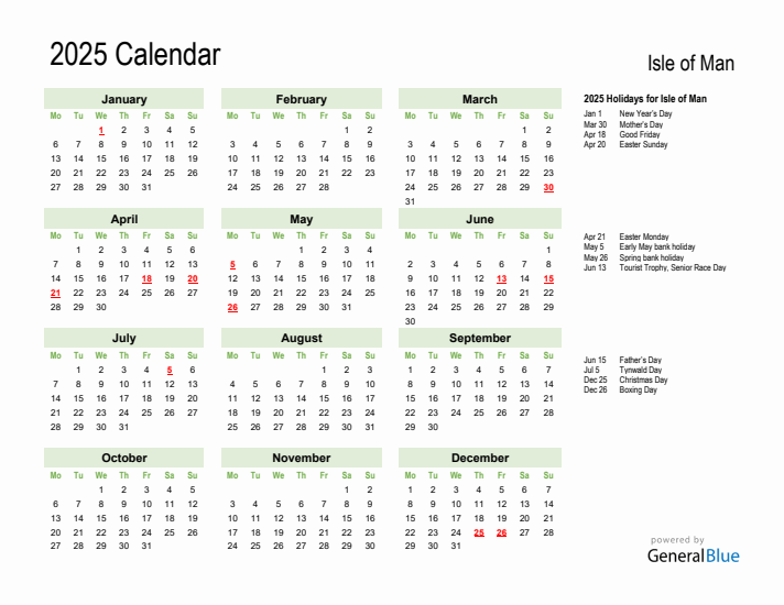 Holiday Calendar 2025 for Isle of Man (Monday Start)