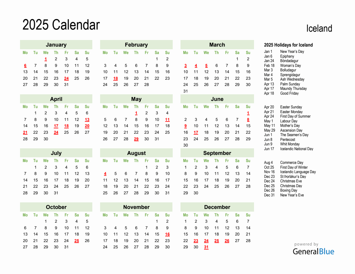 Holiday Calendar 2025 for Iceland (Monday Start)