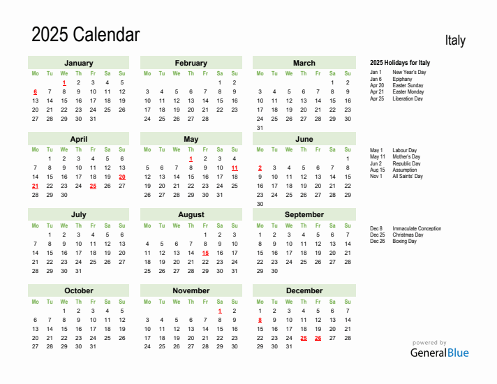 Holiday Calendar 2025 for Italy (Monday Start)