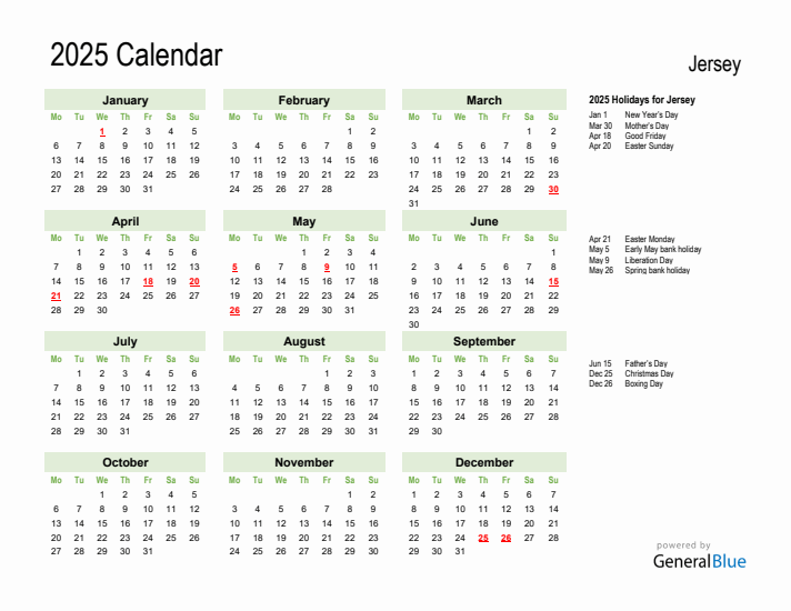 Holiday Calendar 2025 for Jersey (Monday Start)