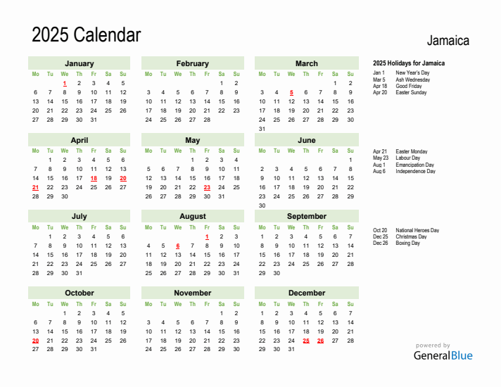 Holiday Calendar 2025 for Jamaica (Monday Start)