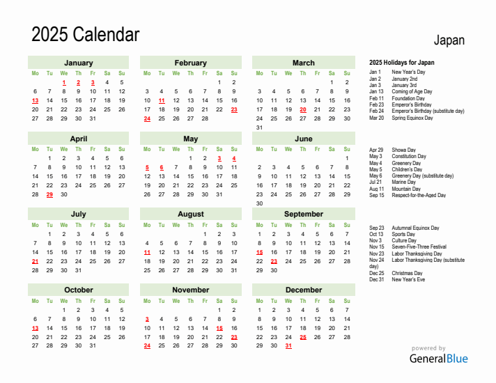 Holiday Calendar 2025 for Japan (Monday Start)