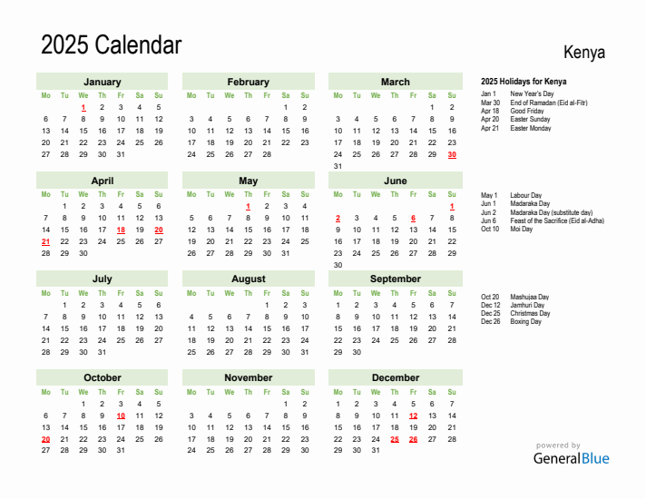 Holiday Calendar 2025 for Kenya (Monday Start)
