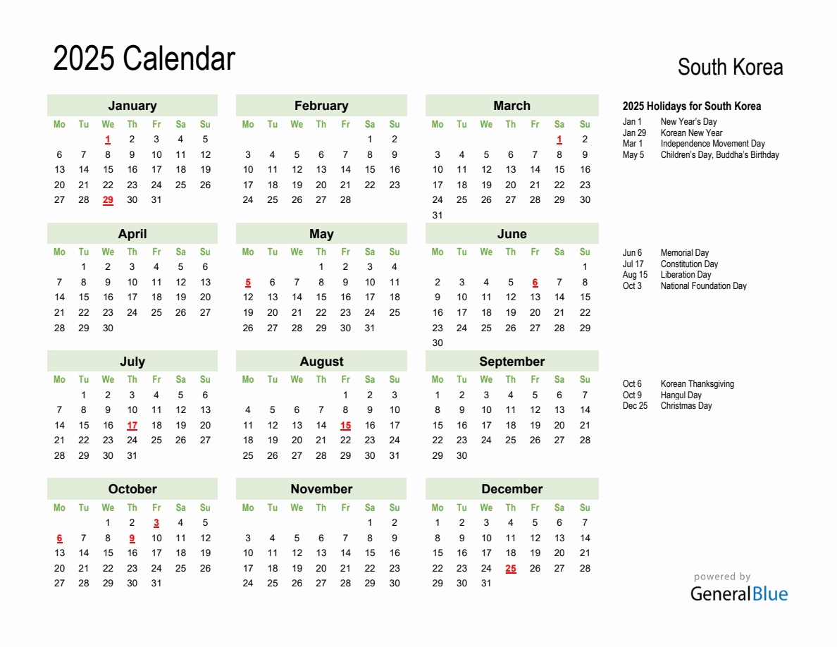 Holiday Calendar 2025 for South Korea (Monday Start)