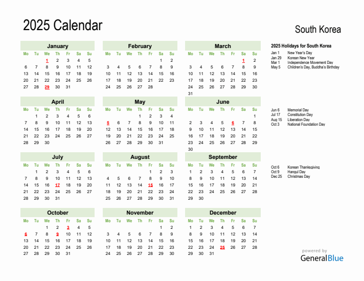 Holiday Calendar 2025 for South Korea (Monday Start)