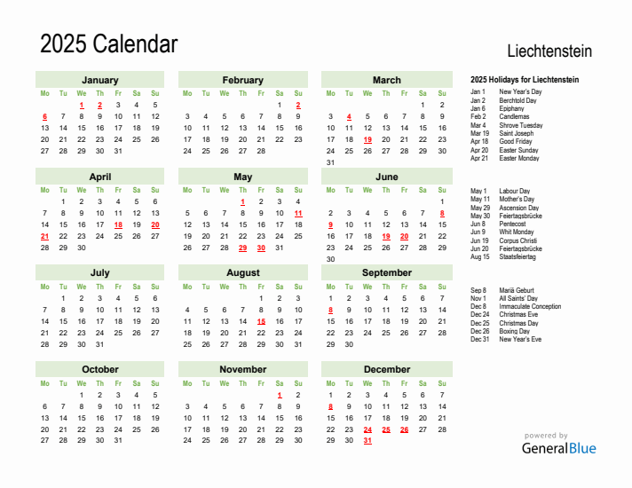 Holiday Calendar 2025 for Liechtenstein (Monday Start)