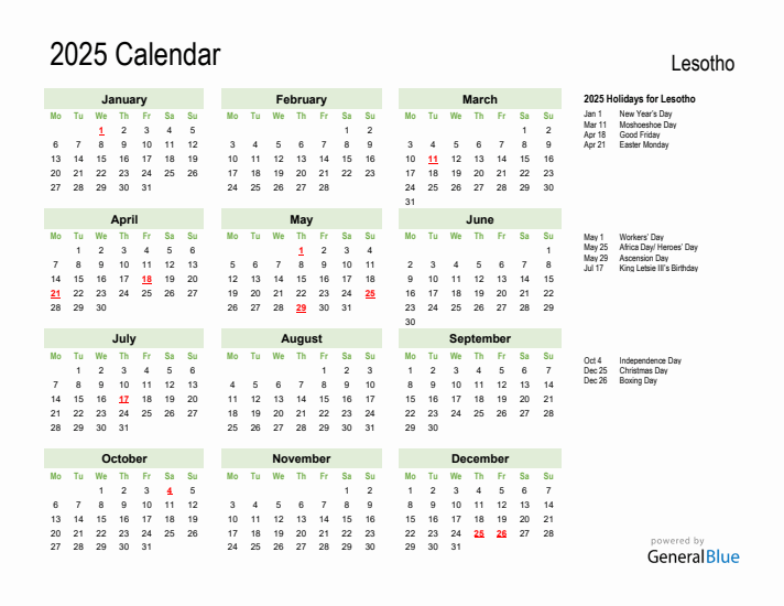 Holiday Calendar 2025 for Lesotho (Monday Start)