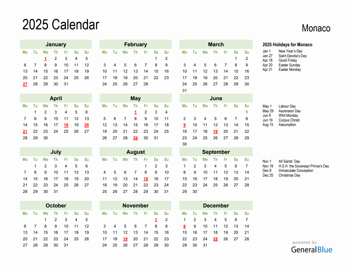 Holiday Calendar 2025 for Monaco (Monday Start)