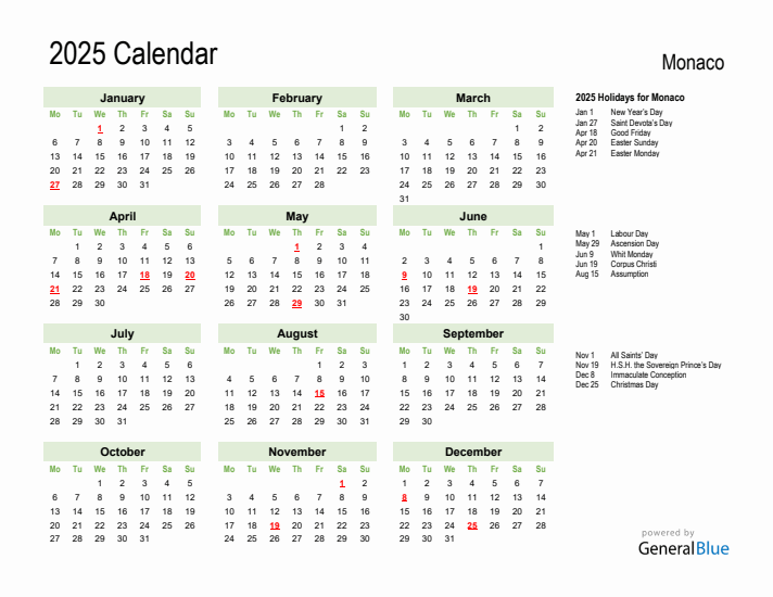 Holiday Calendar 2025 for Monaco (Monday Start)