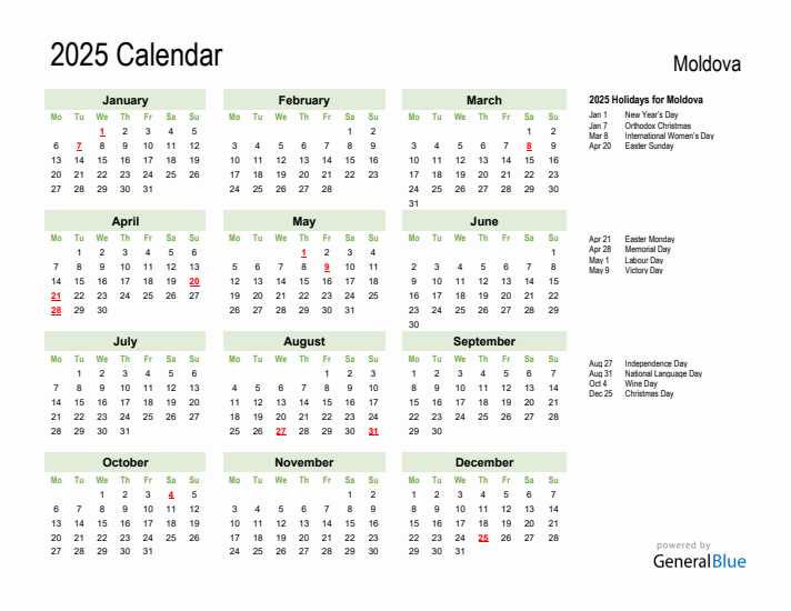 Holiday Calendar 2025 for Moldova (Monday Start)