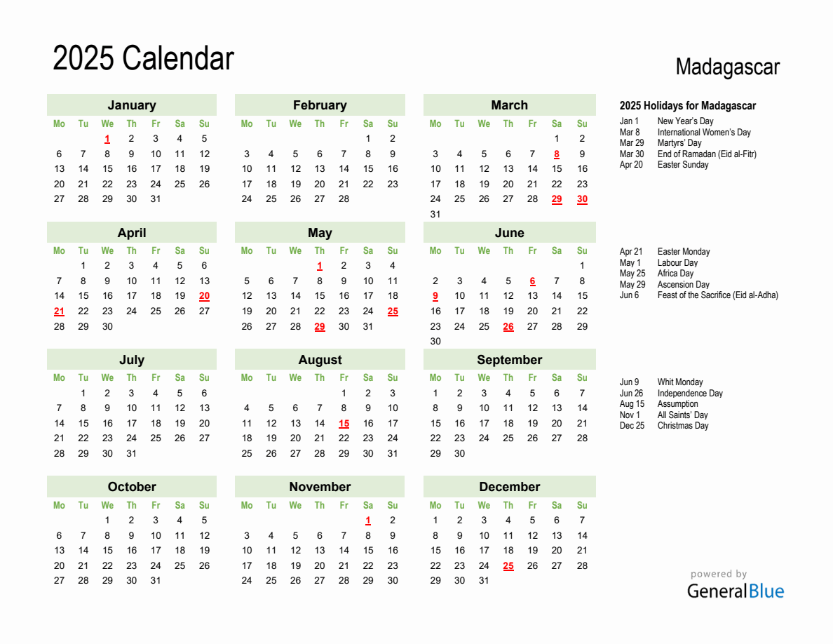 Holiday Calendar 2025 for Madagascar (Monday Start)