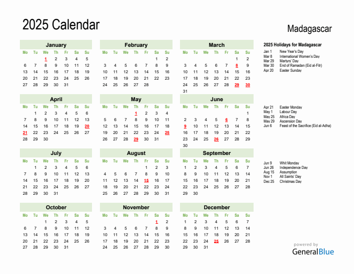 Holiday Calendar 2025 for Madagascar (Monday Start)