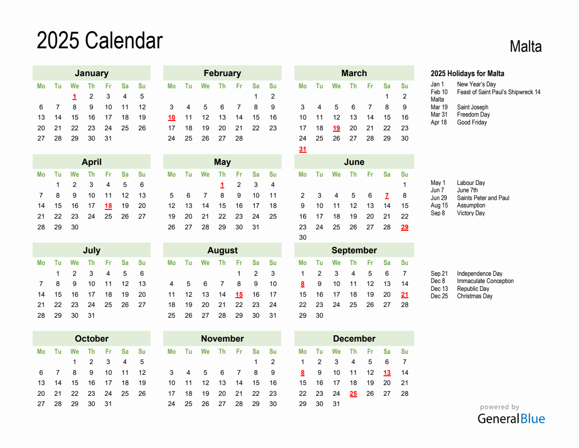 Calendar 2025 With Holidays Malta 