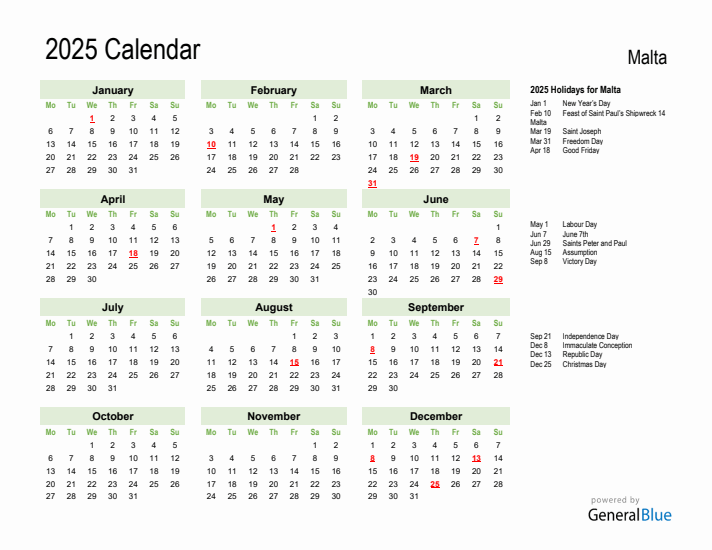 Holiday Calendar 2025 for Malta (Monday Start)