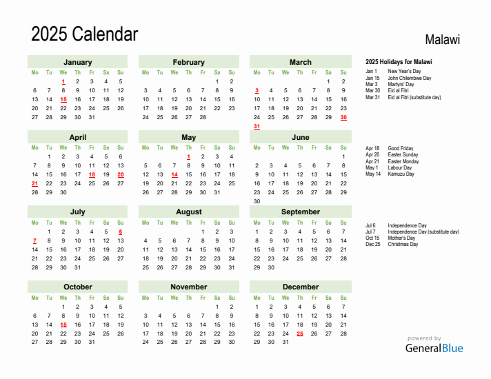Holiday Calendar 2025 for Malawi (Monday Start)