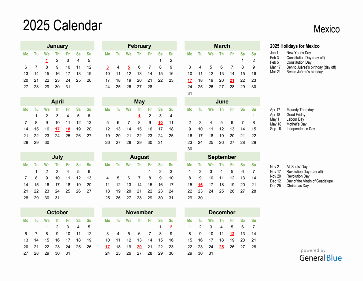 Holiday Calendar 2025 for Mexico (Monday Start)