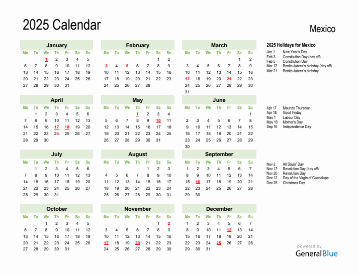 Holiday Calendar 2025 for Mexico (Monday Start)