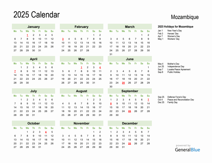 Holiday Calendar 2025 for Mozambique (Monday Start)