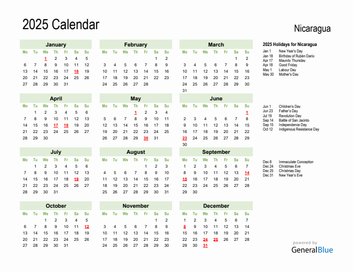 Holiday Calendar 2025 for Nicaragua (Monday Start)