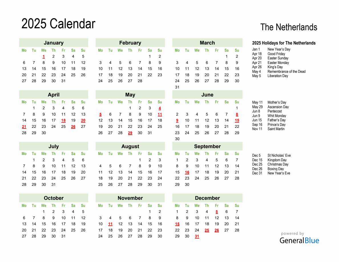 Holiday Calendar 2025 for Netherlands (Monday Start)