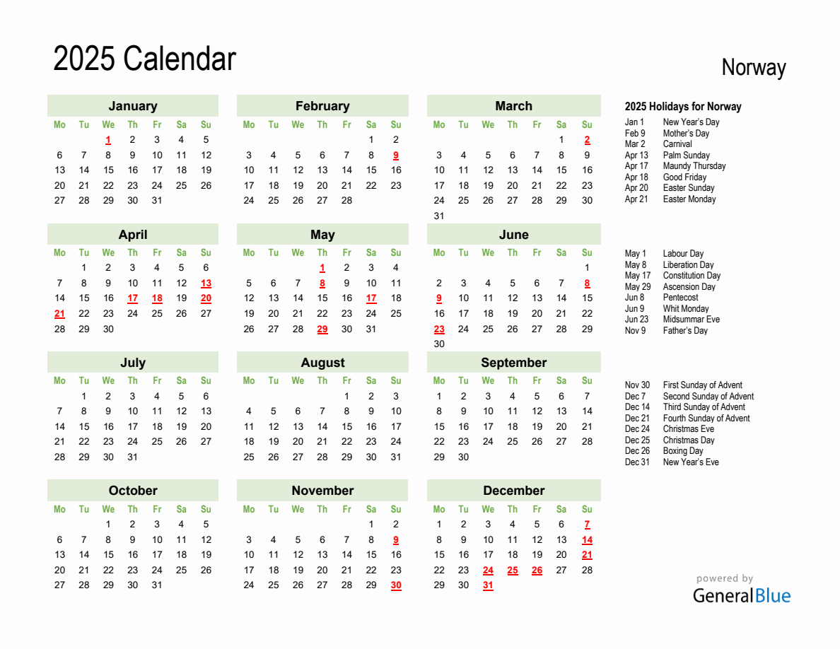 Holiday Calendar 2025 for Norway (Monday Start)